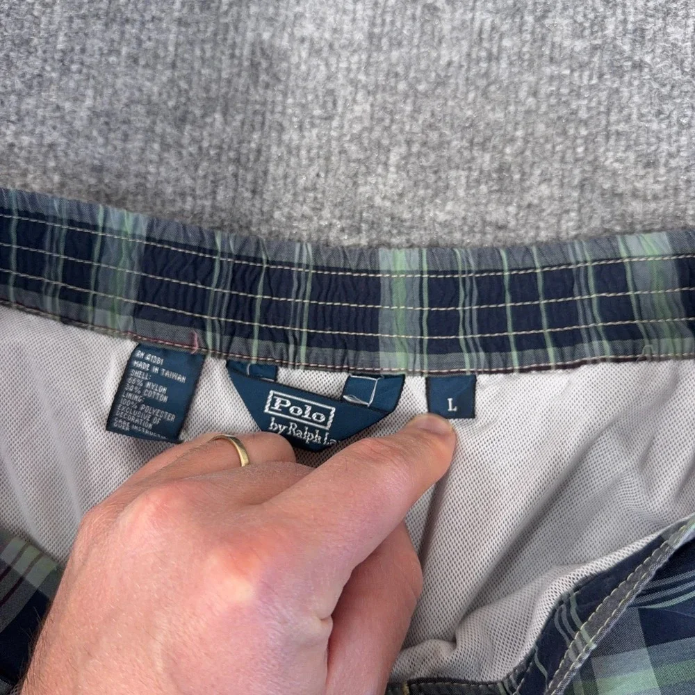 Vintage Polo Ralph Lauren Swim Trunks Mens Large Navy Blue Plaid Beach Swimwear